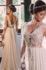 Simple A line Sweep Train Chiffon V neck Lace Backless Wedding Dress-Ballbella