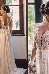 Simple A line Sweep Train Chiffon V neck Lace Backless Wedding Dress-Ballbella
