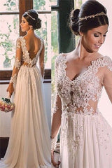 Simple A line Sweep Train Chiffon V neck Lace Backless Wedding Dress-Ballbella