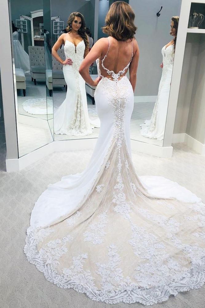 Simple Backless Spaghetti Strap Column Wedding Dress with Train Simple Backless Spaghetti Strap Column Wedding Dress with Train
