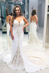 Simple Backless Spaghetti Strap Column Wedding Dress with Train-Ballbella