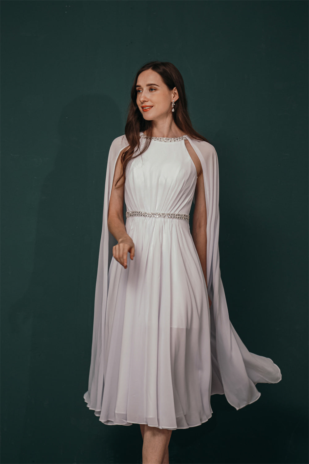 Simple Beaded White Chiffon Summer Wedding Dress with Cape, White / US2 Simple Beaded White Chiffon Summer Wedding Dress with Cape, White / US2