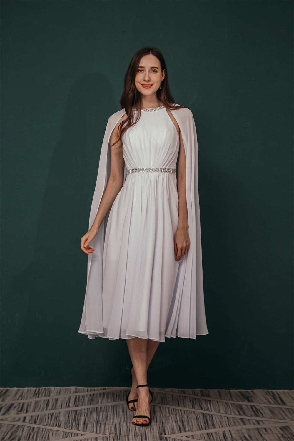 Simple Beaded White Chiffon Summer Wedding Dress with Cape, White / US2 Simple Beaded White Chiffon Summer Wedding Dress with Cape, White / US2