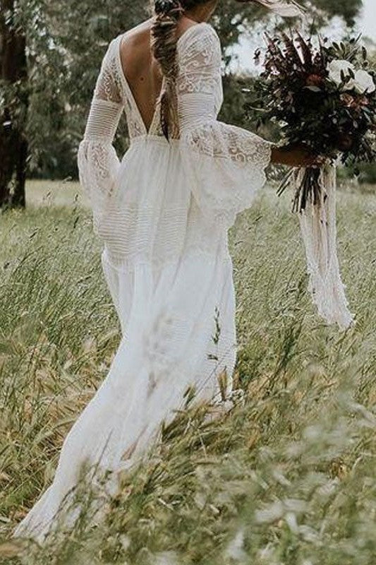 Simple Boho Wedding Dresses A-line Deep V-Neck Multilayer Lace Chiffon Beach Bridal Gowns Simple Boho Wedding Dresses A-line Deep V-Neck Multilayer Lace Chiffon Beach Bridal Gowns