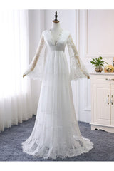 Simple Boho Wedding Dresses A-line Deep V-Neck Multilayer Lace Chiffon Beach Bridal Gowns-Ballbella