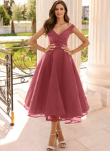 Simple Cap Shoulder A-Line Tea-Length Homecoming Dresses-Ballbella