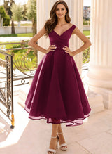 Simple Cap Shoulder A-Line Tea-Length Homecoming Dresses-Ballbella