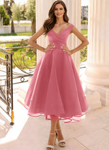 Simple Cap Shoulder A-Line Tea-Length Homecoming Dresses-Ballbella