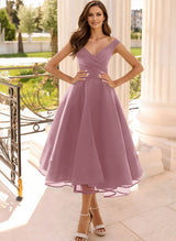 Simple Cap Shoulder A-Line Tea-Length Homecoming Dresses-Ballbella