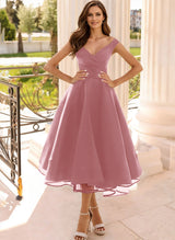 Simple Cap Shoulder A-Line Tea-Length Homecoming Dresses-Ballbella