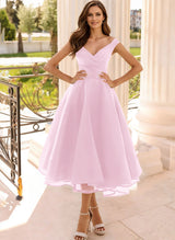 Simple Cap Shoulder A-Line Tea-Length Homecoming Dresses-Ballbella