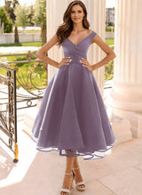 Simple Cap Shoulder A-Line Tea-Length Homecoming Dresses-Ballbella
