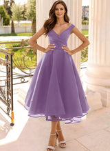 Simple Cap Shoulder A-Line Tea-Length Homecoming Dresses-Ballbella