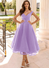 Simple Cap Shoulder A-Line Tea-Length Homecoming Dresses-Ballbella