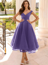 Simple Cap Shoulder A-Line Tea-Length Homecoming Dresses-Ballbella