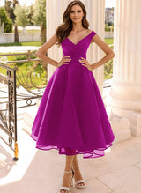 Simple Cap Shoulder A-Line Tea-Length Homecoming Dresses-Ballbella