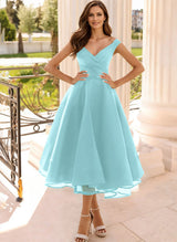Simple Cap Shoulder A-Line Tea-Length Homecoming Dresses-Ballbella