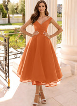 Simple Cap Shoulder A-Line Tea-Length Homecoming Dresses-Ballbella