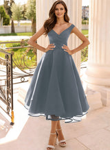 Simple Cap Shoulder A-Line Tea-Length Homecoming Dresses-Ballbella