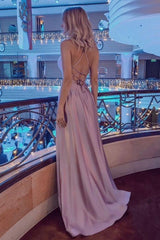 Simple Halter Backless Dusty Pink High split Long evening Dresses-Ballbella