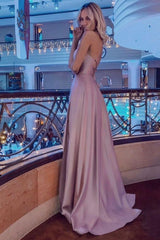 Simple Halter Backless Dusty Pink High split Long evening Dresses-Ballbella