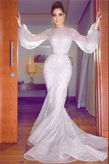 Simple Lavender Bubble Sleeves Full Beads Evening Dresses Lace Fit and Flare Wholesale Prom Dresses-Ballbella