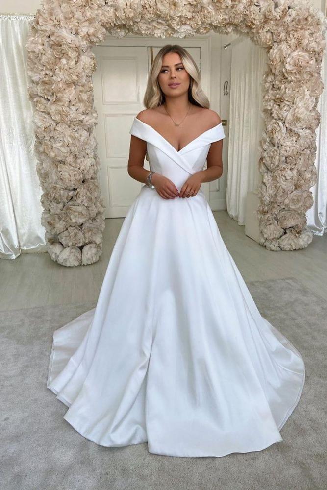 Simple Retro White Off the shoulder A line Bridal Gowns – Ballbella