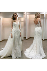 Simple Sheath Long Sleeves Tulle Appliques Open Back Wedding Dress-Ballbella