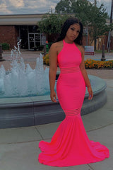 Simple Sleeveless Floor Length Pink Mermaid Prom Dresses-Ballbella