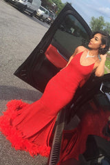 Simple Spaghetti V-neck Mermaid Long Prom Dresses with Fur Train-Ballbella