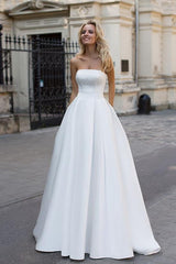 Simple Strapless White A line Zipper up A line Princess Wedding Dress-Ballbella