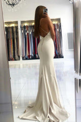 Simple style V-neck Mermaid Ivory Spaghetti Strap Evening Dress-Ballbella
