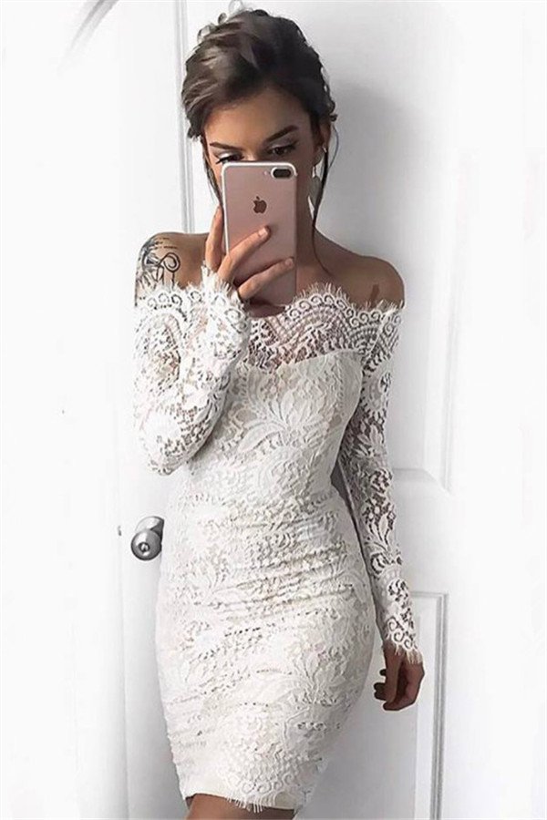 Simple White Long-Sleeve Mermaid Short Cocktail Party Dresses Simple White Long-Sleeve Mermaid Short Cocktail Party Dresses