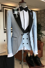 Sky Blue 3-Pieces Black Peaked Lapel Slim Fit Men's Prom Suits-Ballbella