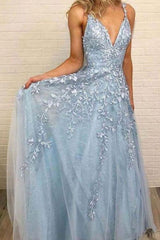 Sky Blue Lace Prom Dresses Deep V-neck A Line Long Party Elegant Floor Length Women Evening Gowns-Ballbella