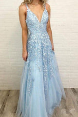 Sky Blue Lace Prom Dresses Deep V-neck A Line Long Party Elegant Floor Length Women Evening Gowns-Ballbella