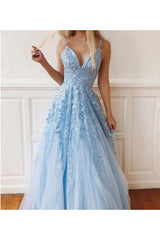 Sky Blue Lace Prom Dresses Deep V-neck A Line Long Party Elegant Floor Length Women Evening Gowns-Ballbella