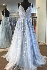 Sky Blue Lace Prom Dresses Deep V-neck A Line Long Party Elegant Floor Length Women Evening Gowns-Ballbella
