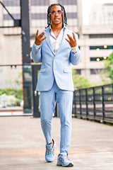 Sky Blue Notched Lapel Close-Fitting Prom Suit-Ballbella