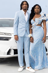 Sky Blue Notched Lapel Close-Fitting Prom Suit-Ballbella
