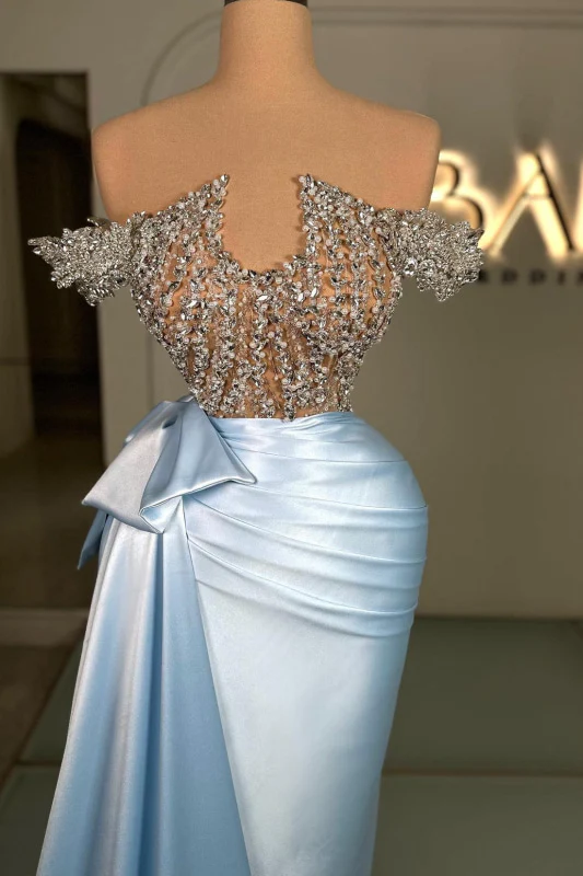 Sky Blue Off the shoulder Silver Beaded Satin Court Train Prom Dresses Ballbella Sky Blue Off the shoulder Silver Beaded Satin Court Train Prom Dresses Ballbella