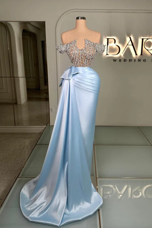 silver dama dresses off the shoulder Gorgeous Mermaid Off Shoulder Sexy Side Slit Sparkle Prom Dresses, FC6515