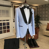 Sky Blue One Button Slim Fit Men Suits Mixed Black Peaked Lapel-Ballbella