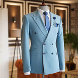 Sky Blue Peaked Lapel Double Breasted Bespoke Men's Prom Suits-Ballbella