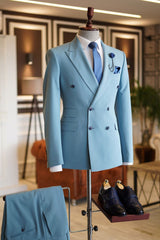 Sky Blue Peaked Lapel Double Breasted Bespoke Men's Prom Suits-Ballbella