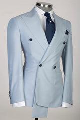 Sky Blue Peaked Lapel Double-Breasted Prom Suit-Ballbella