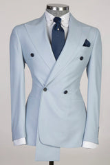 Sky Blue Peaked Lapel Double-Breasted Prom Suit-Ballbella