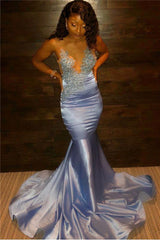 Sky Blue Silk-like Satin Mermaid Lace Appliques Prom Dresses-Ballbella