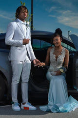 Sky Blue Silver Beaded Satin Mermaid Sleeveless Long Prom Dresses-Ballbella