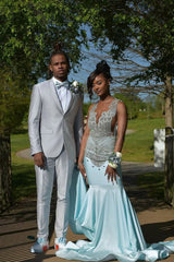 Sky Blue Silver Beaded Satin Mermaid Sleeveless Long Prom Dresses-Ballbella